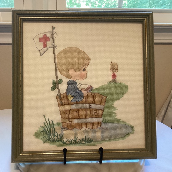Vintage Cross stitch picture boy wooden barrel flag friendship green frame gold - Picture 1 of 8
